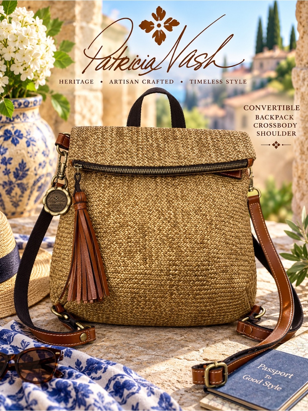 Patricia Nash Luzille Natural Zig Zag Woven Convertible Backpack Crossbody Bag